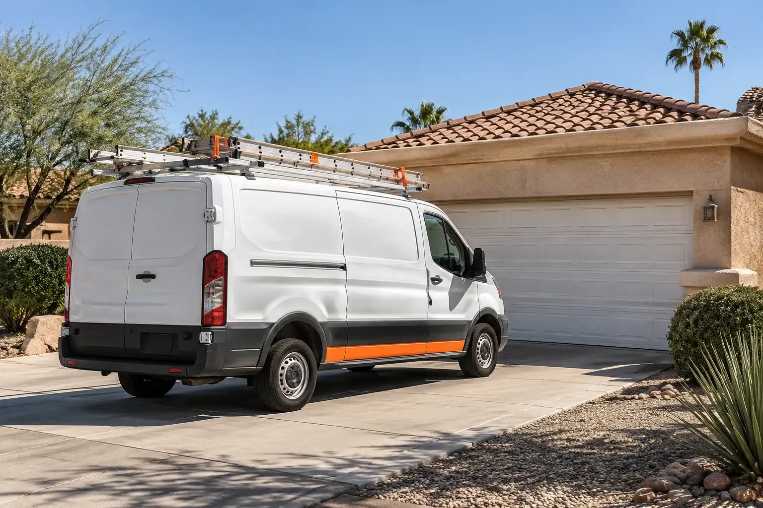White service van with an orange stripe parked in a Scottsdale driveway