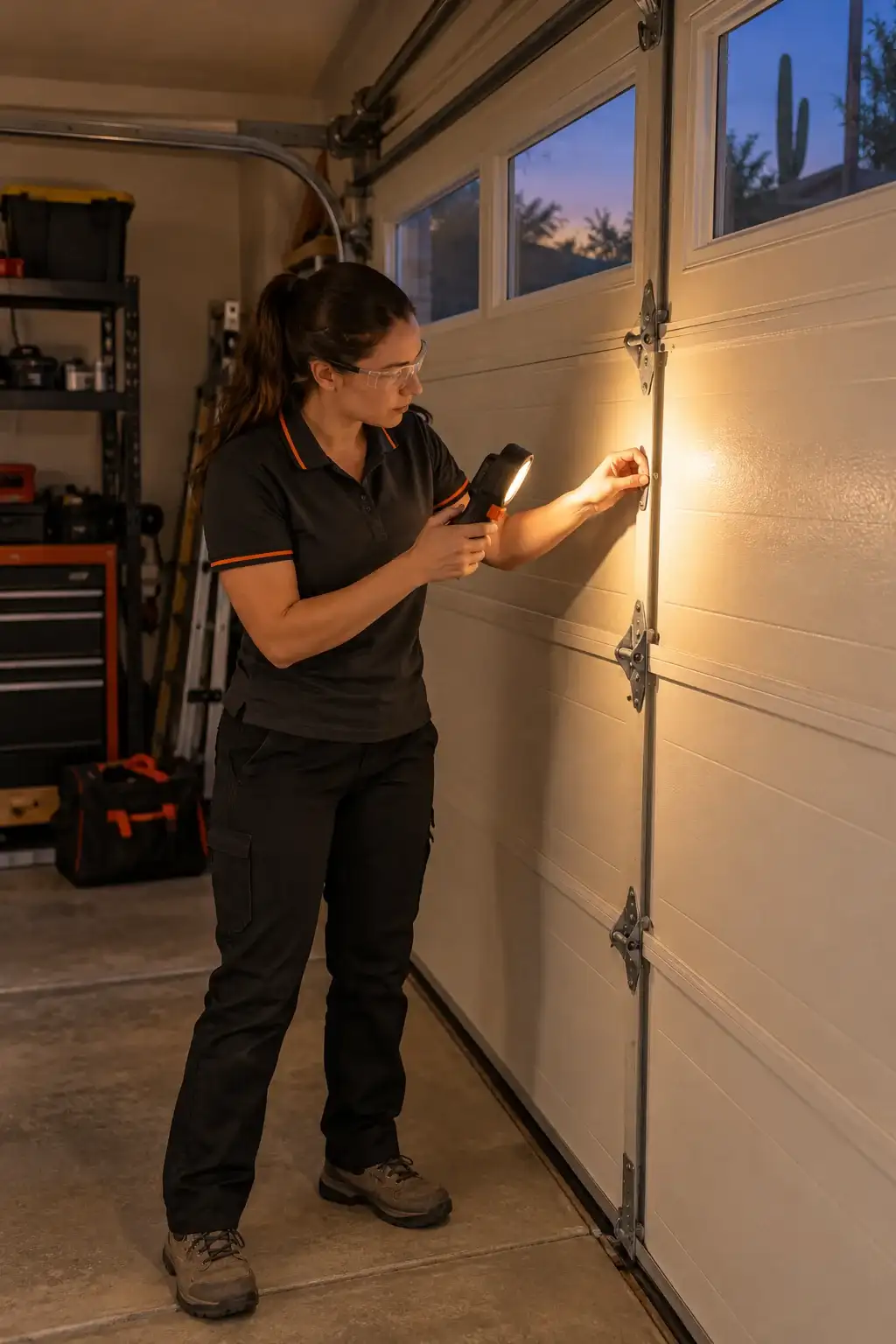 Technician checking a garage door with a flashlight in the evening